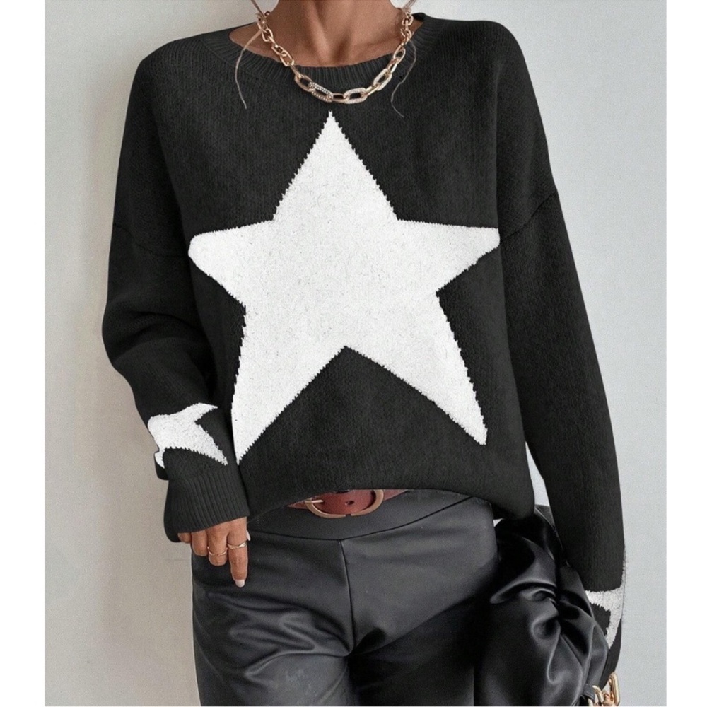 Cozy Star Print Knit Oversized Sweater Top XS S M L XL - Picture 1 of 1